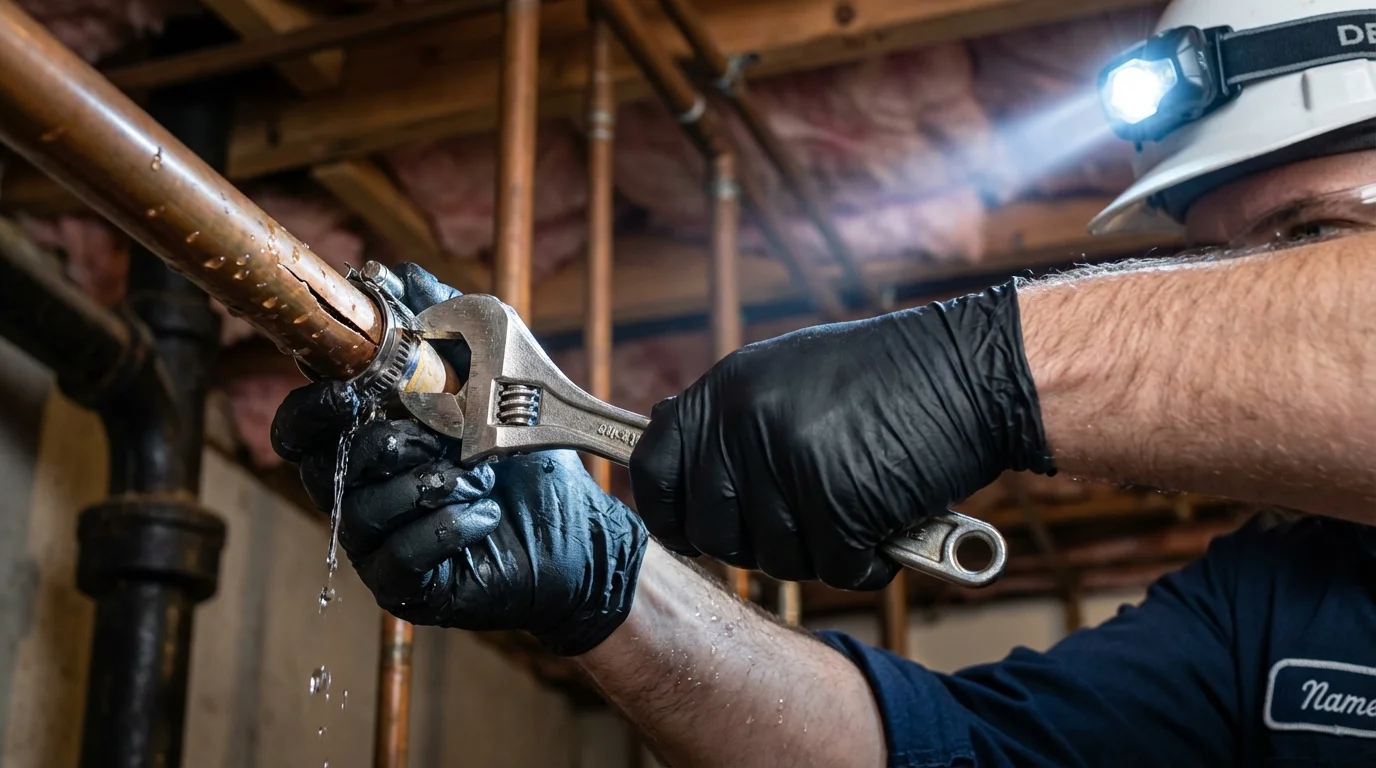 Emergency pipe clamp repair being performed by a Johns Plumbing LLC plumber in Gary
