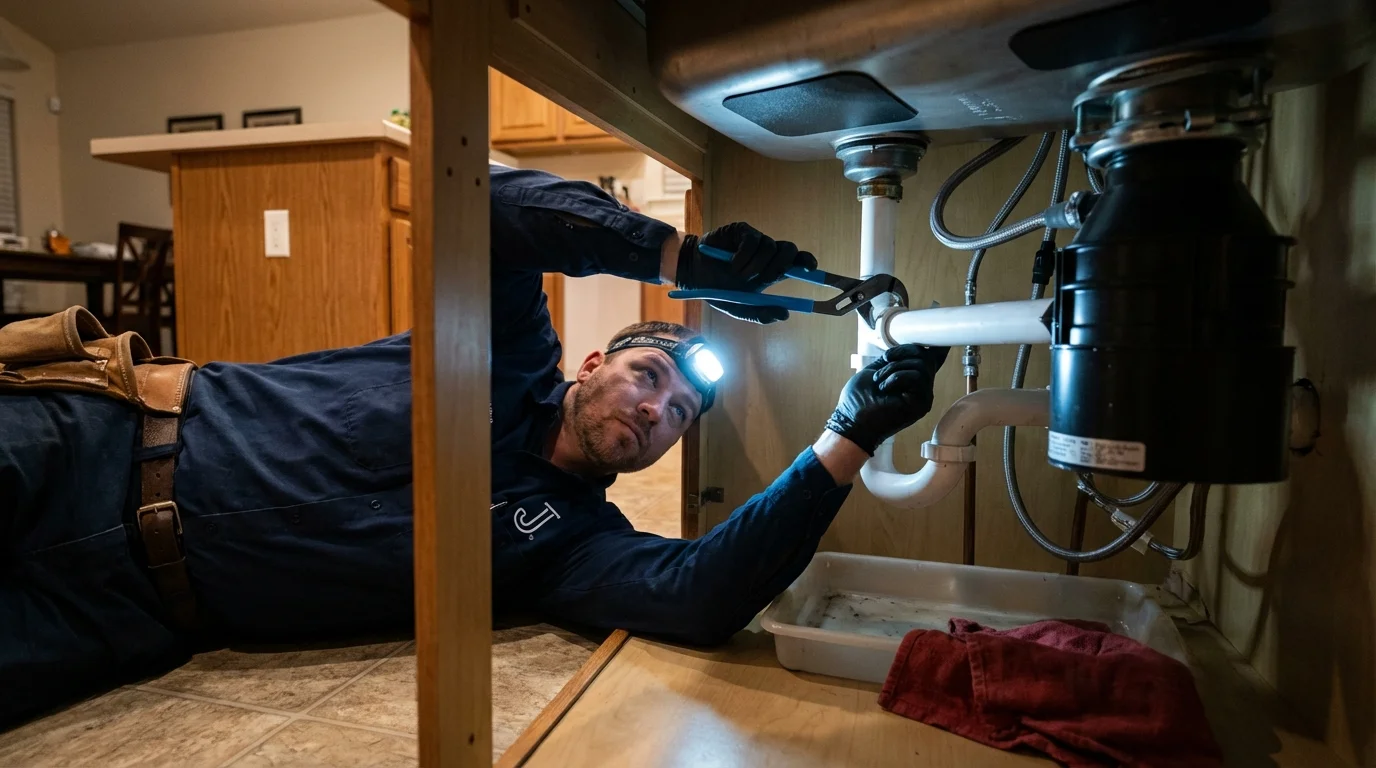P-trap and supply line connections under a kitchen sink showing a common leak point in Gary, IN